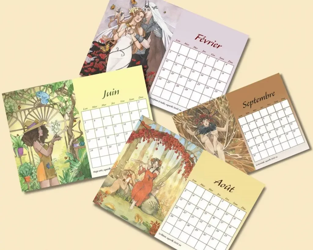 4 pages de calendrier illustré avec des aquarelles de fantasy par Aemarielle