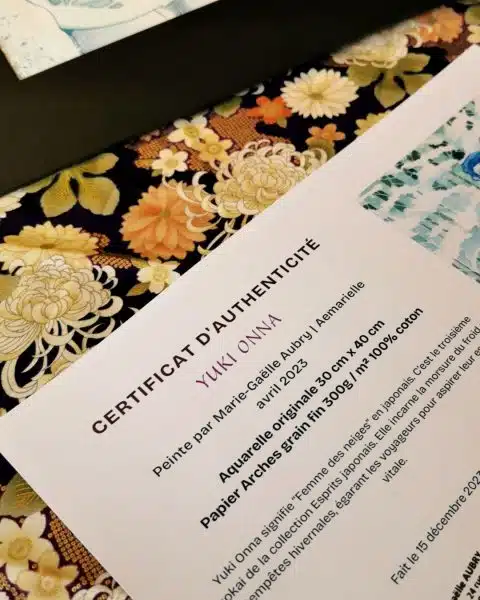 Le certificat d'authenticité d'une des aquarelles de la collection Esprits japonais