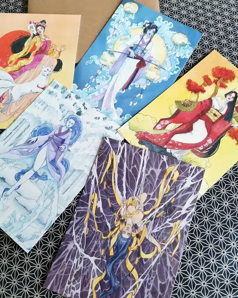 Collection Esprits japonais cartes postales - 5 yokai illustrés à l'aquarelle par Aemarielle