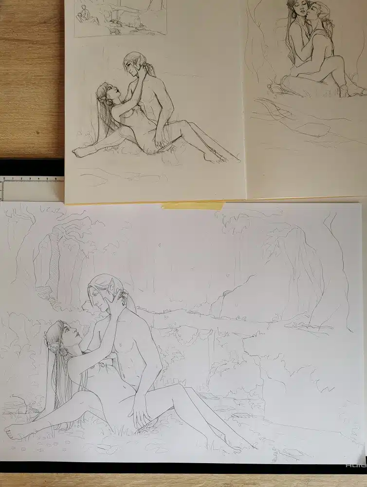 Des croquis dans un carnet à dessin et un dessin brouillon en plus grand format pour une aquarelle personnalisée.