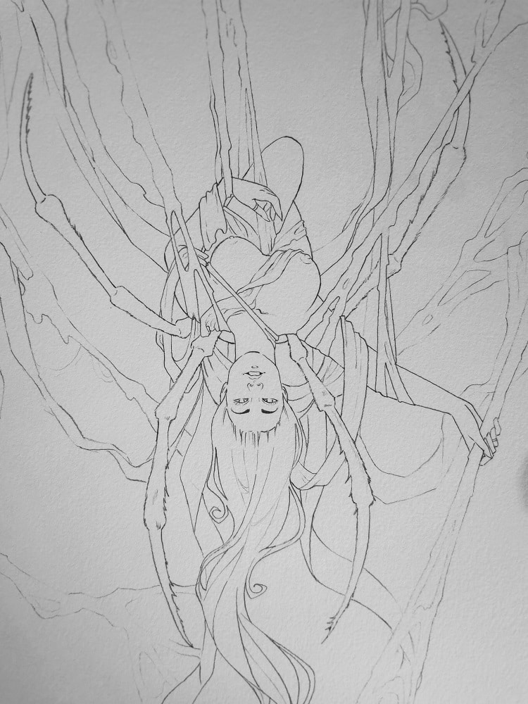 Un dessin au crayon montrant une femme-araignée et quelques fils de soie sur papier aquarelle