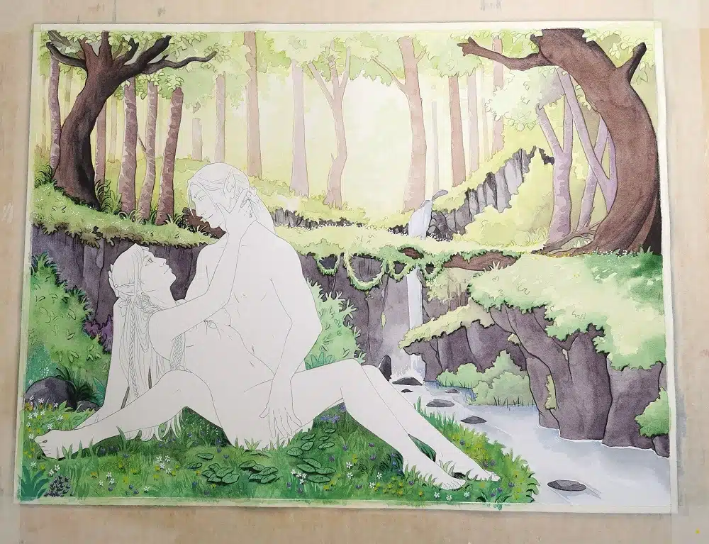 Une aquarelle personnalisée en cours de peinture - le décor est une forêt verdoyante avec une cascade et un petite rivière en contrebas.