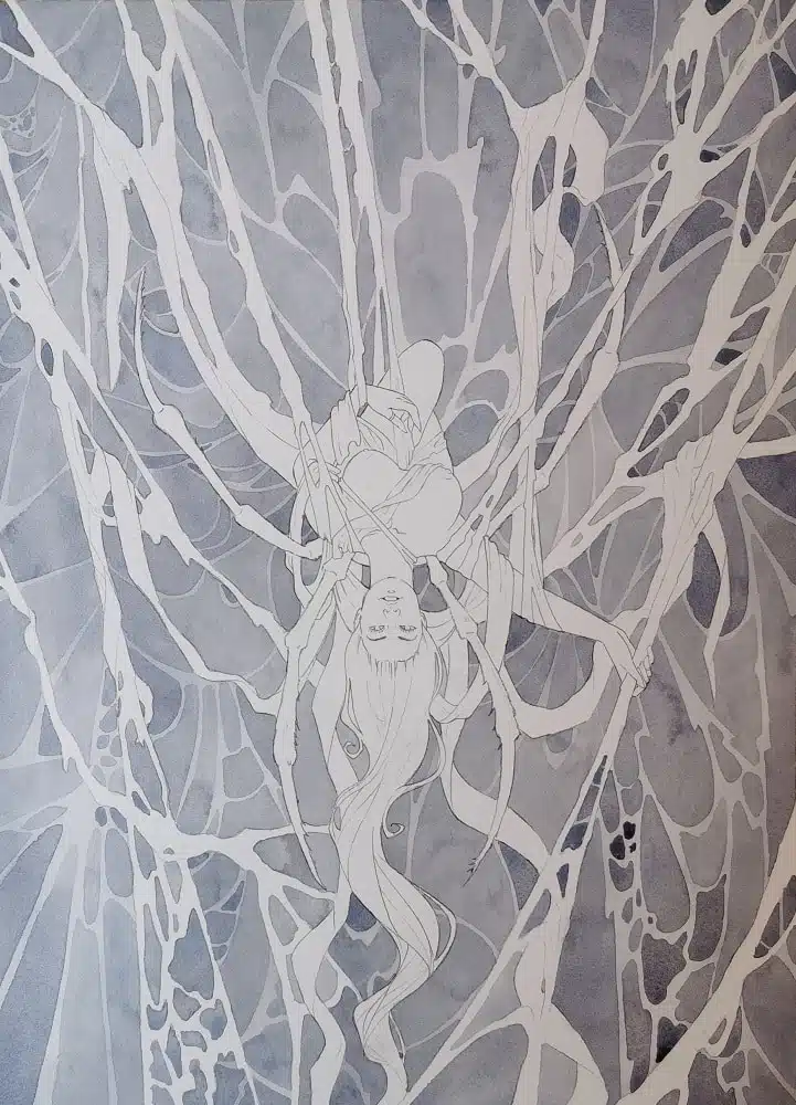 Une aquarelle peinte avec la technique de la peinture en négatif pour créer une toile d'araignée complexe