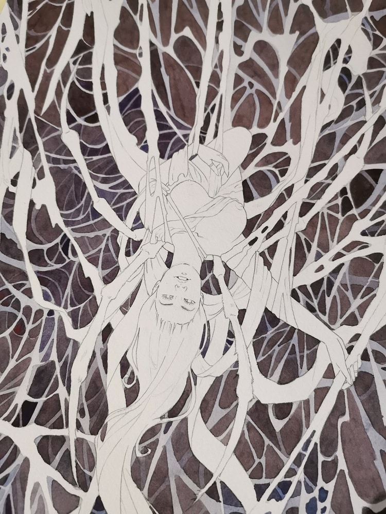 Une toile d'araignée peinte avec l'une de mes techniques d'aquarelle préférées : la peinture en négatif. Le fond est sombre et les fils se détachent sur plusieurs niveaux.