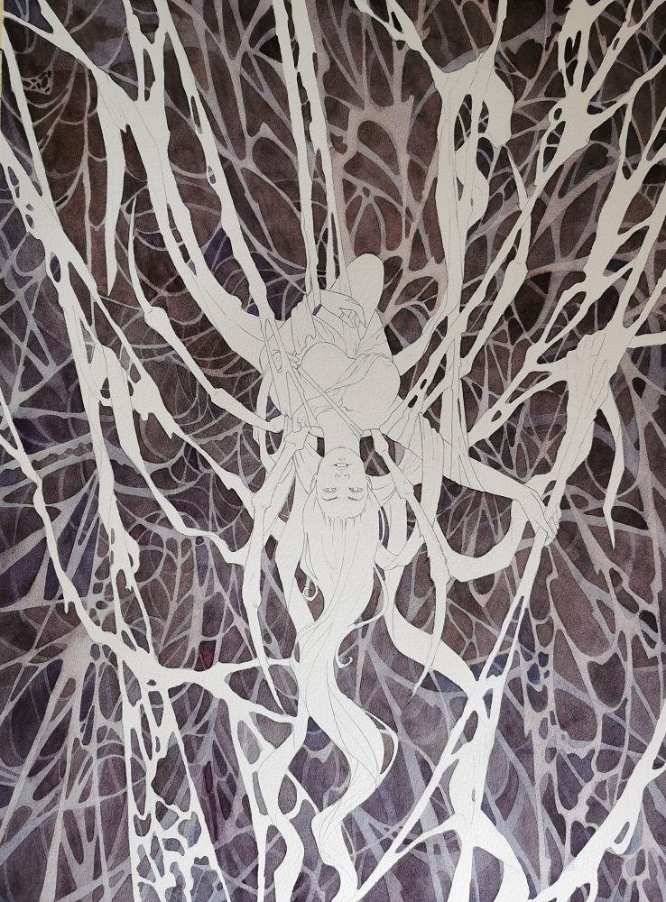 La toile d'araignée est peinte avec deux de mes techniques d'aquarelle préférées : la peinture en négatif et le glacis pour un ensemble tout en profondeur dans le réseau de fils de soie