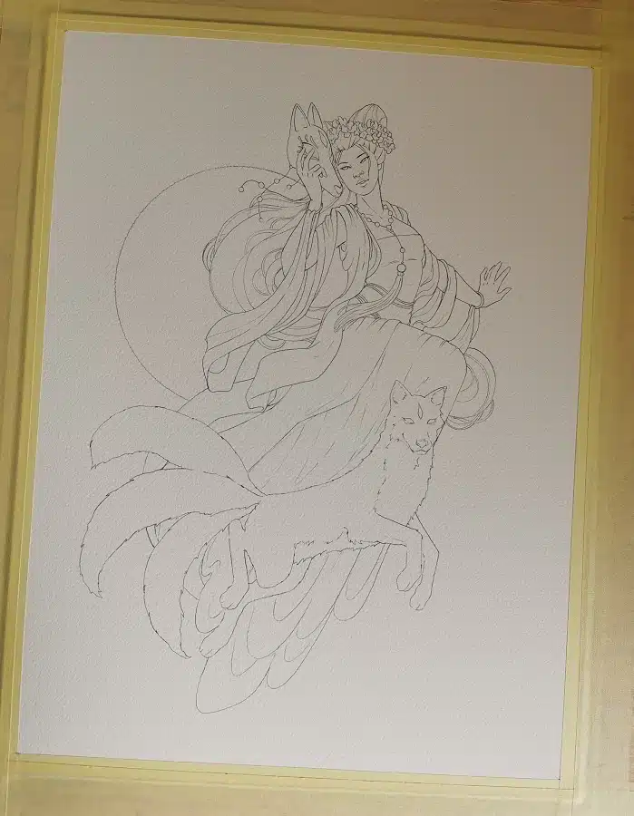 Dessin sur papier aquarelle de La dame au renard blanc - kitsune