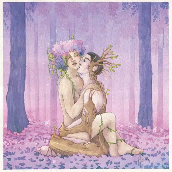 Une aquarelle carrée dans des tons violet parme montrant une dryade et un jeune homme enlacés dans la forêt. L'humain se couvre d'écorce et de feuillages.