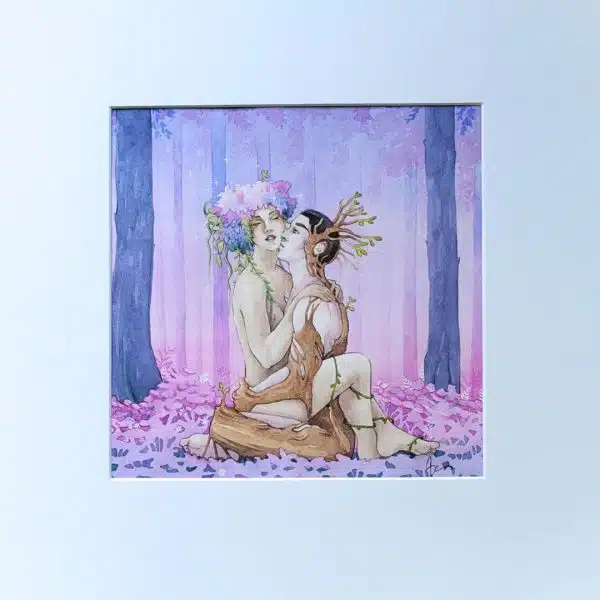 Une aquarelle carrée dans un passepartout blanc représentant une scène d'amour entre un jeune homme et une dryade dans la forêt.