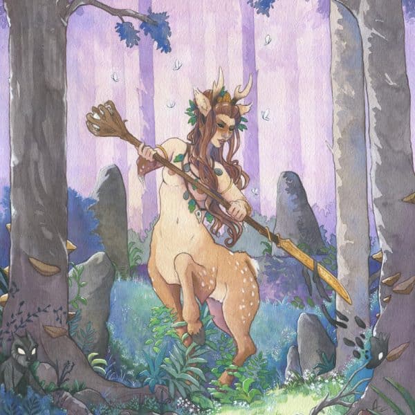 La gardienne des bois est une nymphe centaure au corps de biche qui affronte des gobelins de la nuit dans une clairière où perce le soleil.