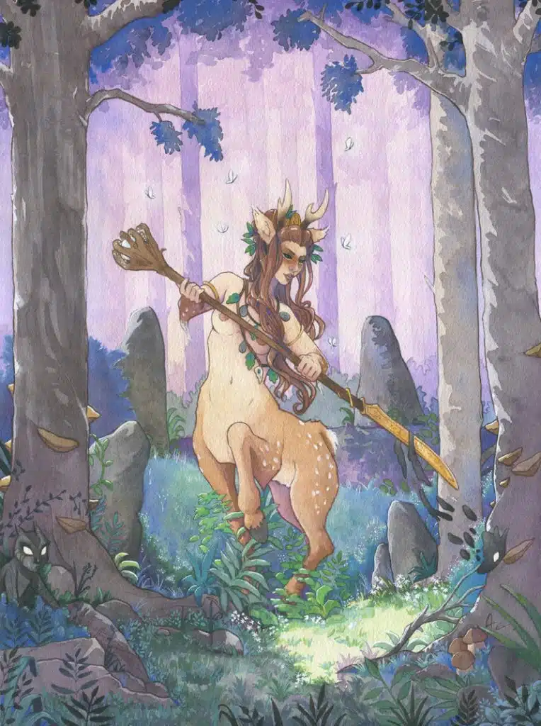 La gardienne des bois est une nymphe centaure au corps de biche qui affronte des gobelins de la nuit dans une clairière où perce le soleil.