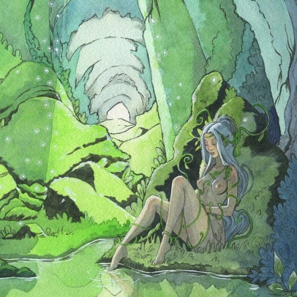 Une fée endormie dans une caverne moussue aux tons verts, peinte à l'aquarelle pour ma collection sur les aquarelles de printemps