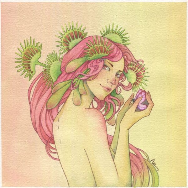 Une fée à la peau vert cuivré, aux cheveux roses constellés de fleurs de dionée attrape-mouches. Irrésistible Dionée - aquarelle vendue.