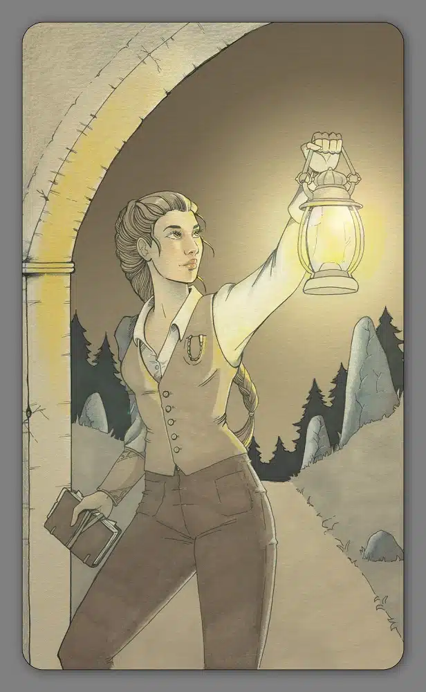 Une exploratrice équipée d'une lanterne et d'un carnet de notes illustrant l'ermite dans notre tarot féminin Le tarot de l'Éternel Féminin : Chemins de l'âme