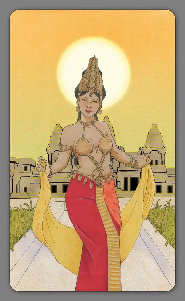 Une danseuse de temple inspirée par le Cambodge pour Le tarot de l'Éternel Féminin : Chemins de l'âme. Derrière elle, un astre solaire sur un ciel jaune.