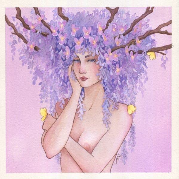 Une femme torse nu à la chevelure constituée de branches de glycine fleurie. La reine glycine- aquarelle vendue