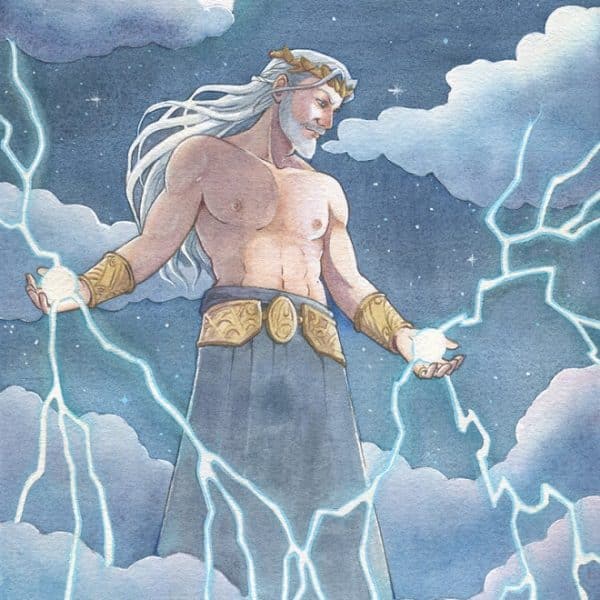 Zeus debout dans les nuages, des éclairs dans les mains - Aquarelle originale par Aemarielle issue de L'Oracle Catastrophique des Dieux Grecs