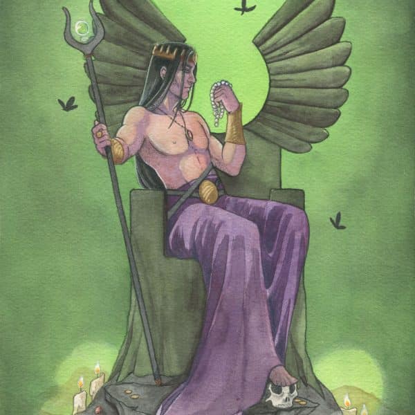 Une peinture d'Hadès à l'aquarelle où on voit le dieu assis de travers sur son trône, un collier de perles dans une main, un sceptre dans l'autre. Le trône noir repose sur un monceau d'or et de joyaux. Le fond est d'un vert tirant sur le noir.