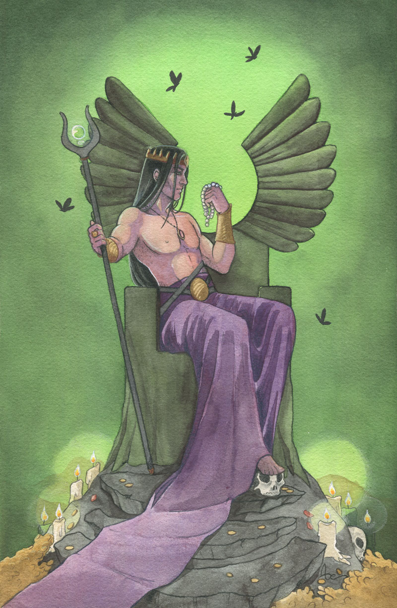 Une peinture d'Hadès à l'aquarelle où on voit le dieu assis de travers sur son trône, un collier de perles dans une main, un sceptre dans l'autre. Le trône noir repose sur un monceau d'or et de joyaux. Le fond est d'un vert tirant sur le noir.