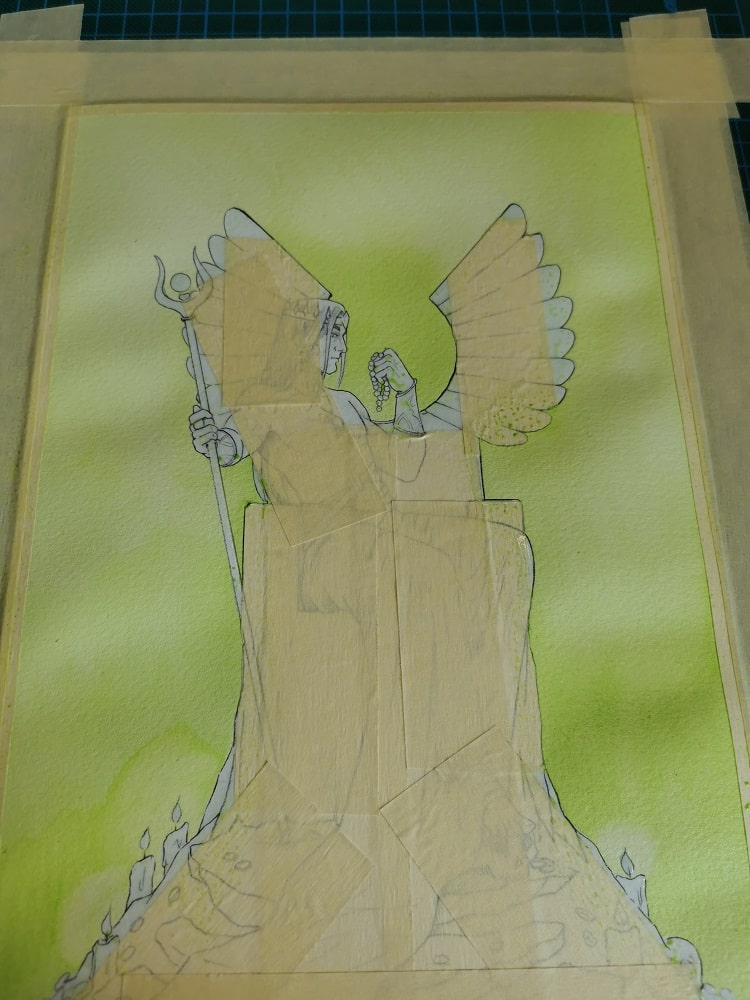 Le première couche de peinture d'Hadès autour du personnage, un vert tirant sur le jaune.