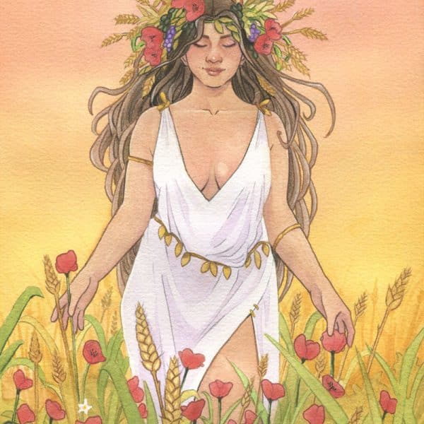 Une femme debout dans un champ de blé et de coquelicots, dans une tunique blanche. Elle porte une couronne de blé sur la tête. Aquarelle originale et tirage d'art de Déméter par Aemarielle