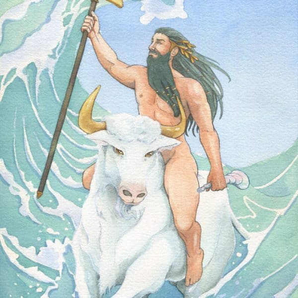Un homme nu et musclé chevauche un taureau blanc au milieu des vagues de la mer. Peinture de Poséidon, le dieu de la mer par Aemarielle