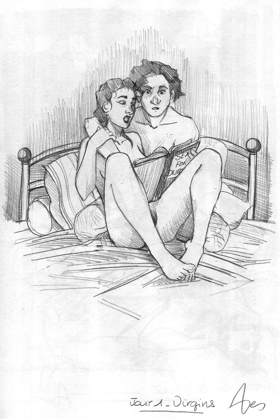 Kinktober 1 Un couple nu sur un lit entrain de lire un livre intitulé Le sexe pour les nuls avec un air effaré.
