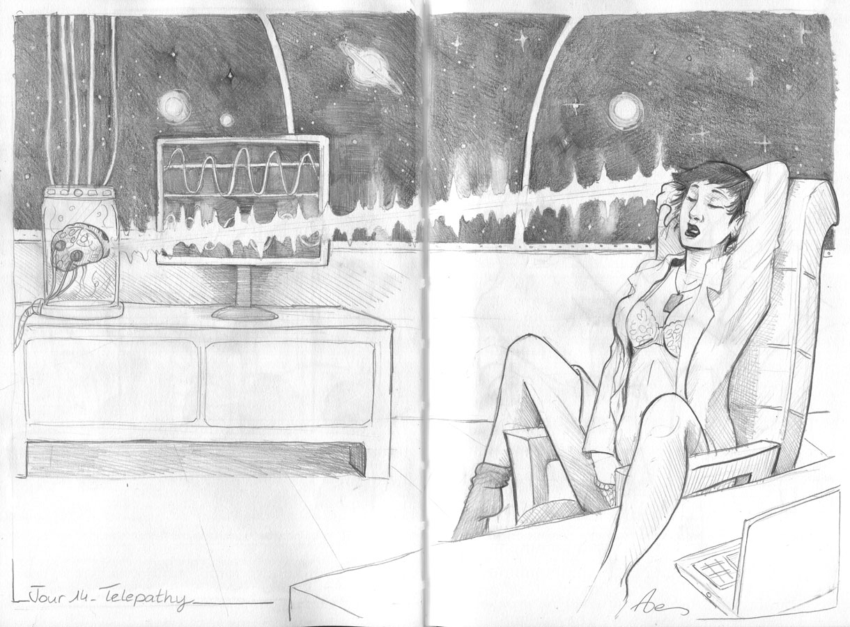 Kinktober 14 Telepathy Dans un vaisseau spatial, une scientifique se caresse pendant qu'un cerveau enfermé dans un récipient envoie des ondes vers son crâne.