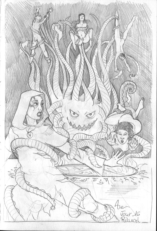 Kinktober 16 Ritual Un démon tentaculaire capture des cultistes pour leur faire subir toutes sortes d'atrocités perverses.