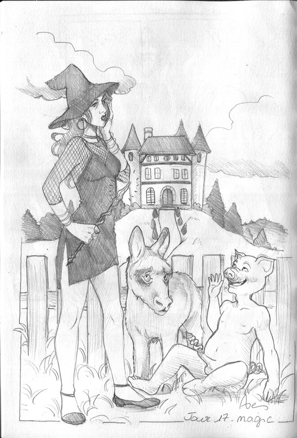 Kinktober 17 Magic Une sorcière observe avec contrariété un cochon à moitié humain assis par terre en érection, avec une queue en tire bouchon. Un âne miniature observe la sorcière du coin de l’œil avec méfiance.