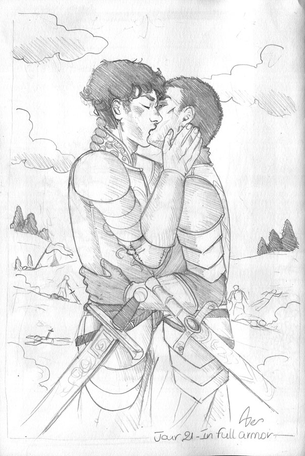 Kinktober 21 - in full armour Deux chevaliers en armure s'embrassent fougueusement sur un champ de bataille.
