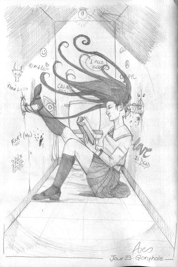 Kinktober 23 Glory Hole Un yokai doté d'une bouche à l'arrière du crâne est assise devant un gloryhole et s'apprête à dévorer un pénis qui dépasse. De l'autre cpité ses cheveux animés en ont saisi un autre.