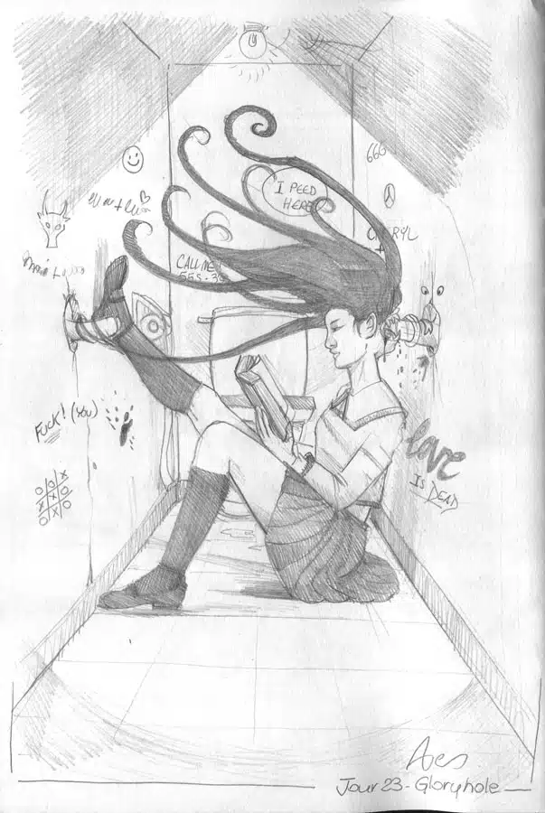 Kinktober 23 Glory Hole Un yokai doté d'une bouche à l'arrière du crâne est assise devant un gloryhole et s'apprête à dévorer un pénis qui dépasse. De l'autre cpité ses cheveux animés en ont saisi un autre.