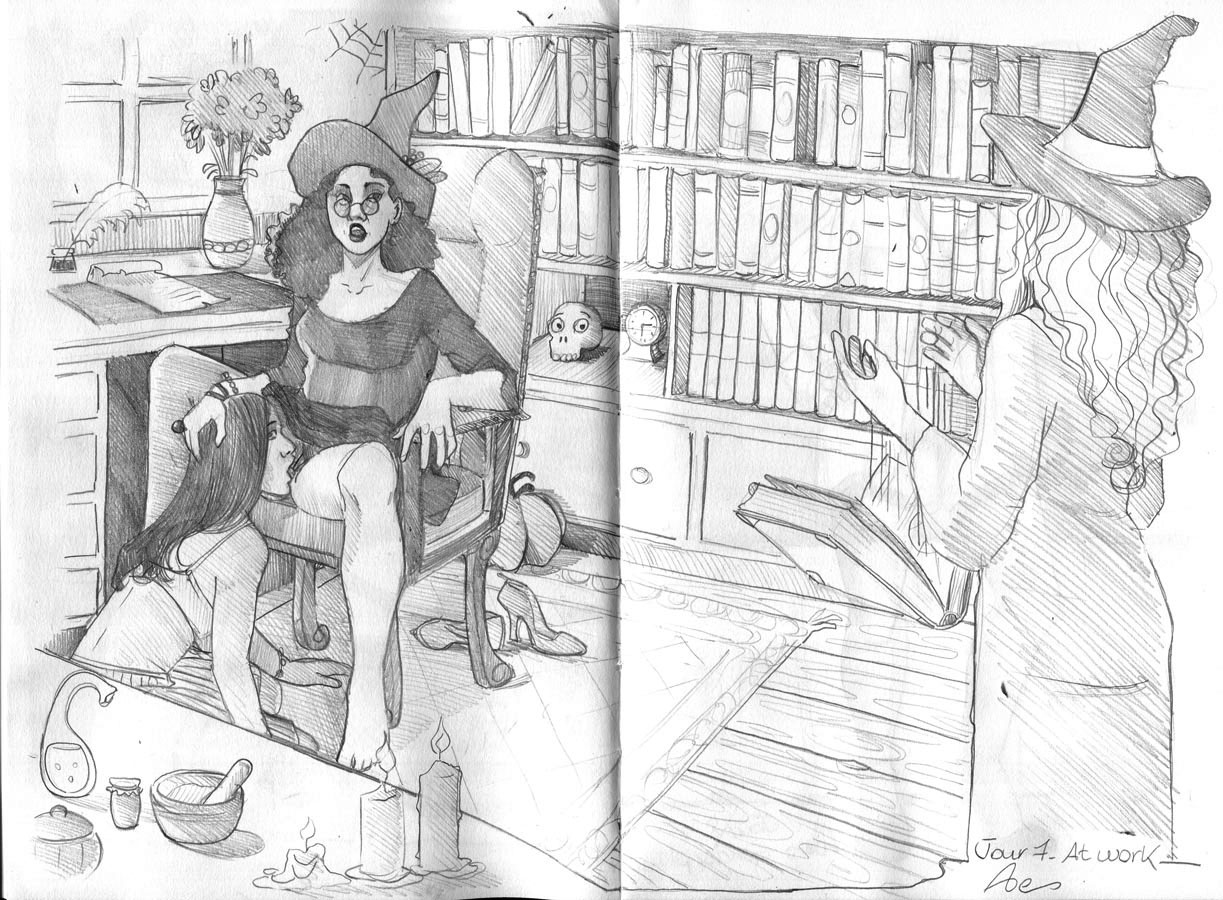 Kinktober 7 Deux sorcières occupées à se donner du plaisir dans un bureau quand elles sont surprises par une consœur qui en lâche son grimoire.