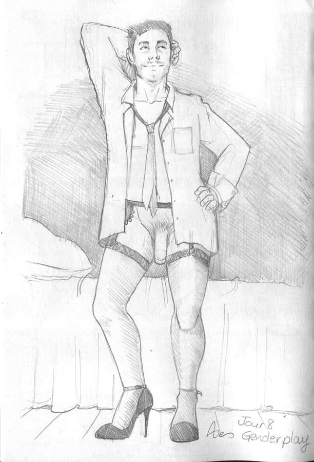 Kinktober 8 - Echange de genre -Genderplay Un homme debout, chemise ouverte, sexe à l'air, très fier de porter des bas et des chaussures à talons aiguille.