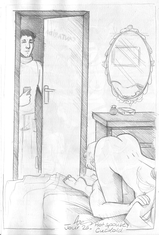 Kinktober 26 cuckhold Un homme entrouvre une porte pour observer un couple en position de soixante-neuf sur le lit de la chambre.