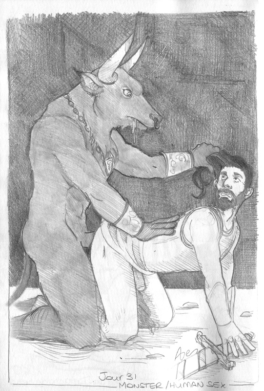 kinktober 31 monster-human-sex Le minotaure occupé à honorer l'arrière-train de Thésée qui n'en mène pas large.