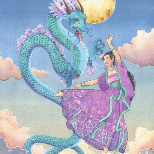 Une jeune femme drapée dans une robe ample violette danse avec un dragon asiatique dans le ciel. Danse céleste par Aemarielle. Collection créatures mythologiques.