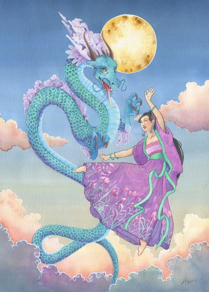 Une jeune femme drapée dans une robe ample violette danse avec un dragon asiatique dans le ciel. Danse céleste par Aemarielle. Collection créatures mythologiques.