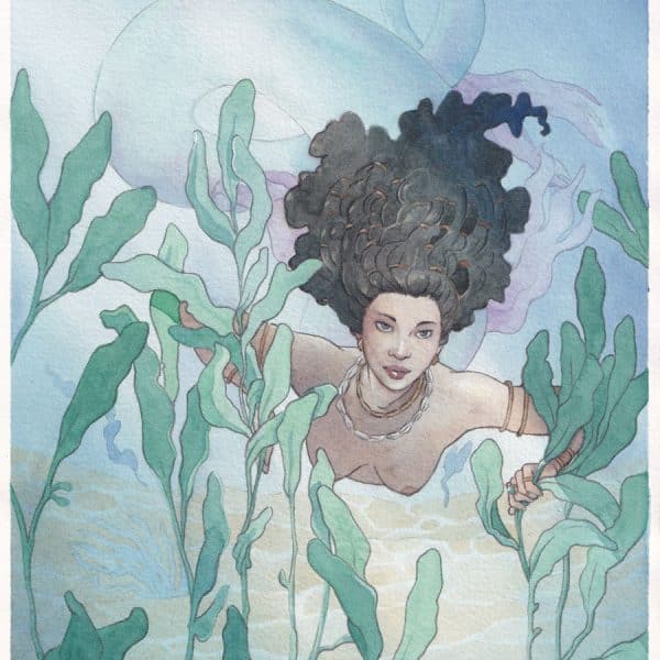 Une sirène brune de cheveux et de peau nage à travers les algues. Mami Wata - aquarelle originale par Aemarielle.
