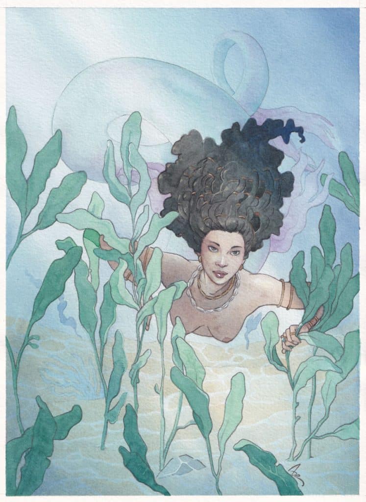Une sirène brune de cheveux et de peau nage à travers les algues. Mami Wata - aquarelle originale par Aemarielle.