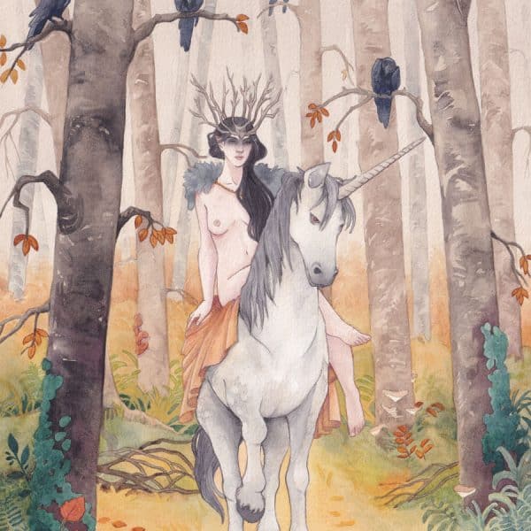 Une fée coiffée d'une couronne de branches, montée sur une licorne venue d'Unseelie, dans un décor de forêt d'automne. Aquarelle originale par Aemarielle