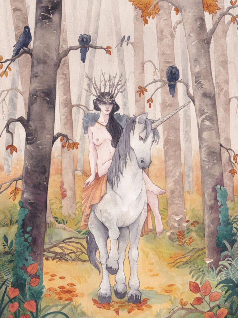 Une fée coiffée d'une couronne de branches, montée sur une licorne venue d'Unseelie, dans un décor de forêt d'automne. Aquarelle originale par Aemarielle