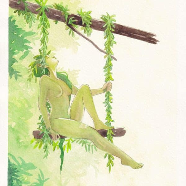 Une nymphe à la peau verte assise sur une balançoire en bois et feuillages dans un décor verdoyant à l'aquarelle