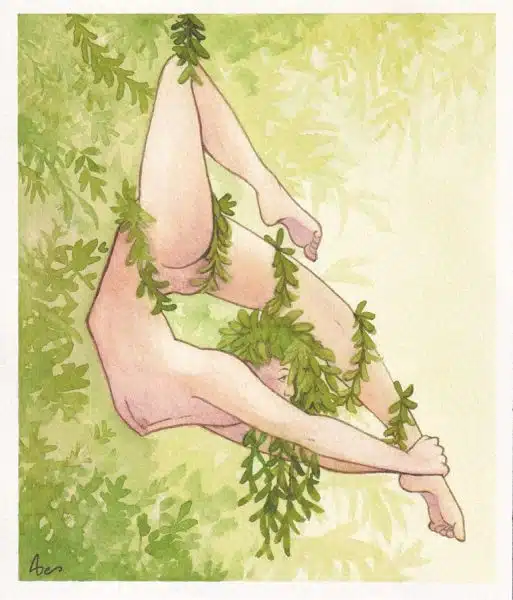 Une dryade nue à l'aquarelle qui danse dans les branches des arbres comme avec du ruban aérien.