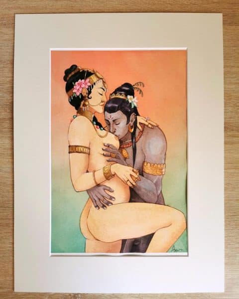 L'aquarelle Kama et Rathi dans un passepartout blanc crème.
