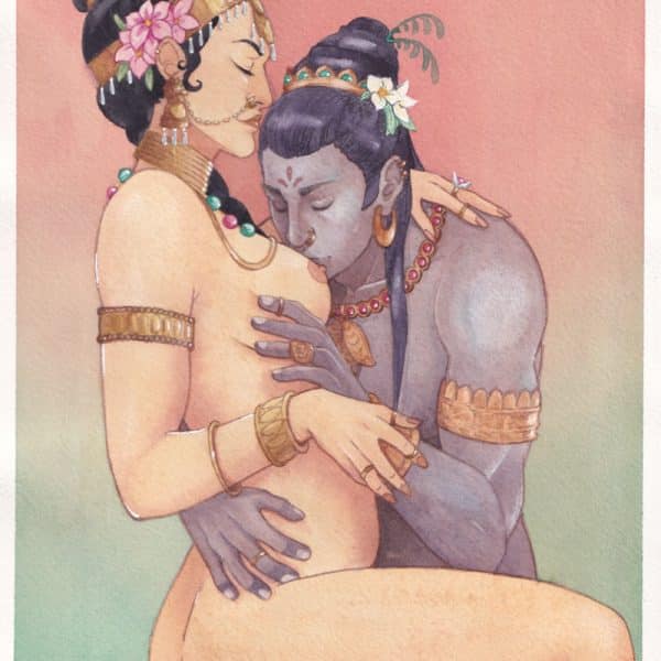 Sur un fond d'aquarelle rose et turquoise, un dieu indien à la peau noire embrasse tendrement le sein d'une déesse à la peau de pêche, qu'il étreint dans ses bras.