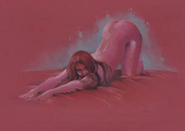 Sur un papier épais rouge comme de la cornaline, une femme nue dessinée aux crayons de couleurs s'étire comme un chat sur des draps.