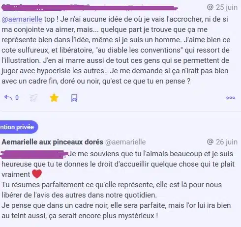 Copie d'écran d'une discussion avec un client qui a acheté un tirage d'art érotique et est ravi d'avoir osé.