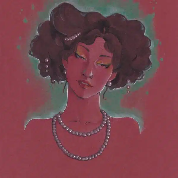 Un portrait tête et épaules d'une jeune femme au cou et cheveux ornés de perles, dessinée sur papier rouge.