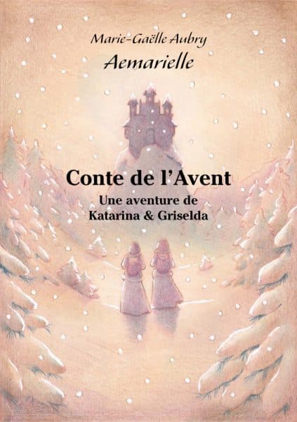 Couverture numérique du conte de l'avent, avec un paysage de neige où se détache un château sombre et deux silhouettes qui marchent dans sa direction.
